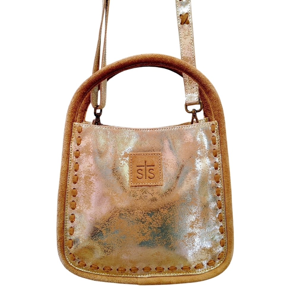 STS Gold Metallic Leather SuedeFlaxen Roan Sugar Crossbody Satchel Handbag NWOT - Picture 4 of 11